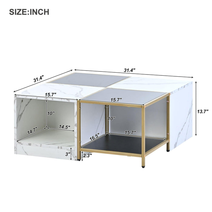 2-layerModern Coffee Table with Metal Frame, Cocktail Table with High Gloss White Marble Finish, Simply Assemble Square Corner Tables for Living Room, 31.5”x 31.5”