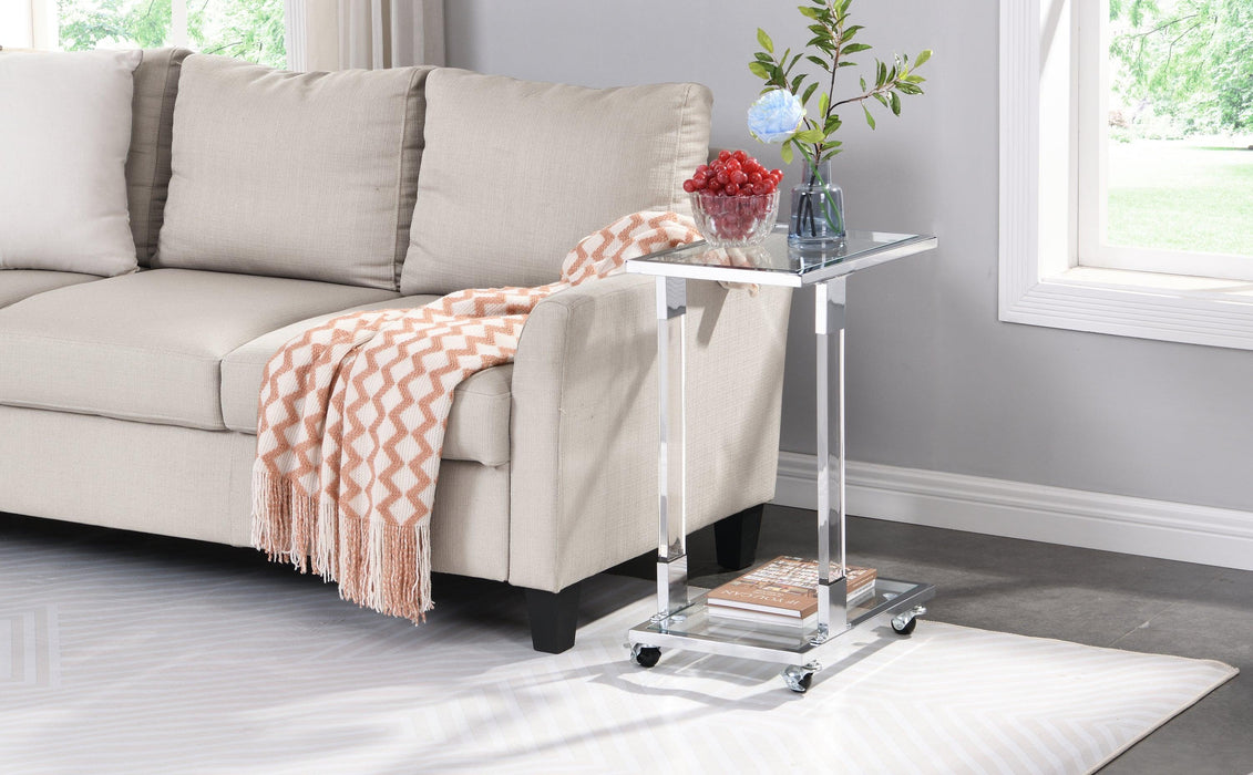 Chrome Glass Side Table, Acrylic End Table, Glass Top C Shape Square Table with Metal Base for Living Room, Bedroom, Balcony Home and Office