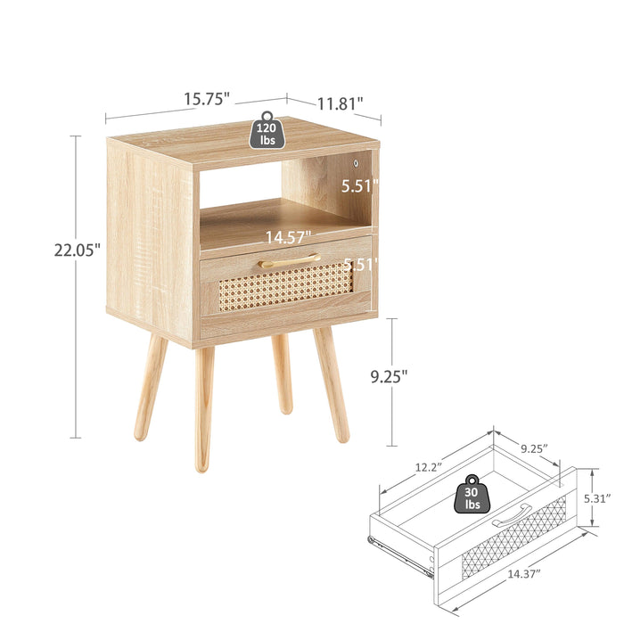 15.75" Rattan End table with  drawer and solid wood legs,Modern nightstand, side table for living roon, bedroom,natural