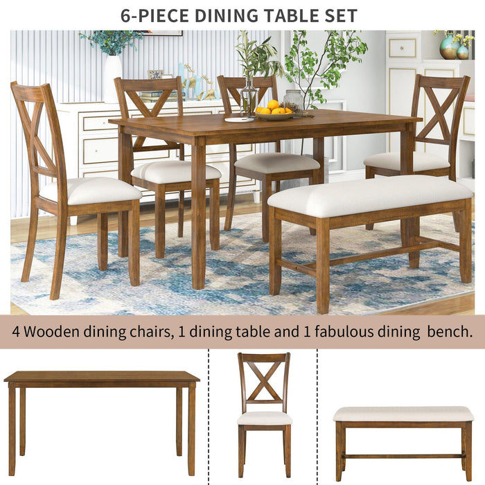 6-Piece Kitchen Dining Table Set Wooden Rectangular Dining Table, 4 Fabric Chairs and Bench Family Furniture (Natural Cherry)