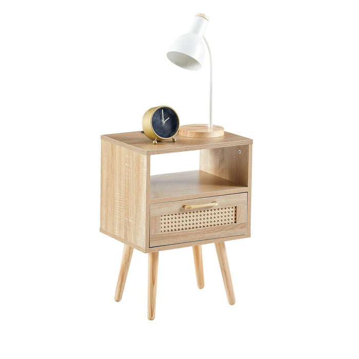 15.75" Rattan End table with Power Outlet  & USB Ports ,Modern nightstand with drawer and solid wood legs, side table for living roon, bedroom,natural