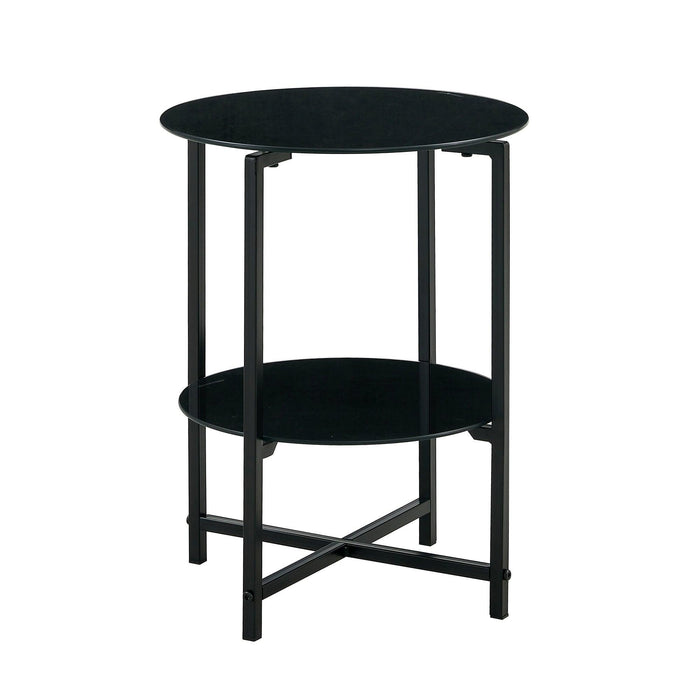 2- layer Tempered Glass End Table, Round Coffee Table for Bedroom Living Room Office (black)