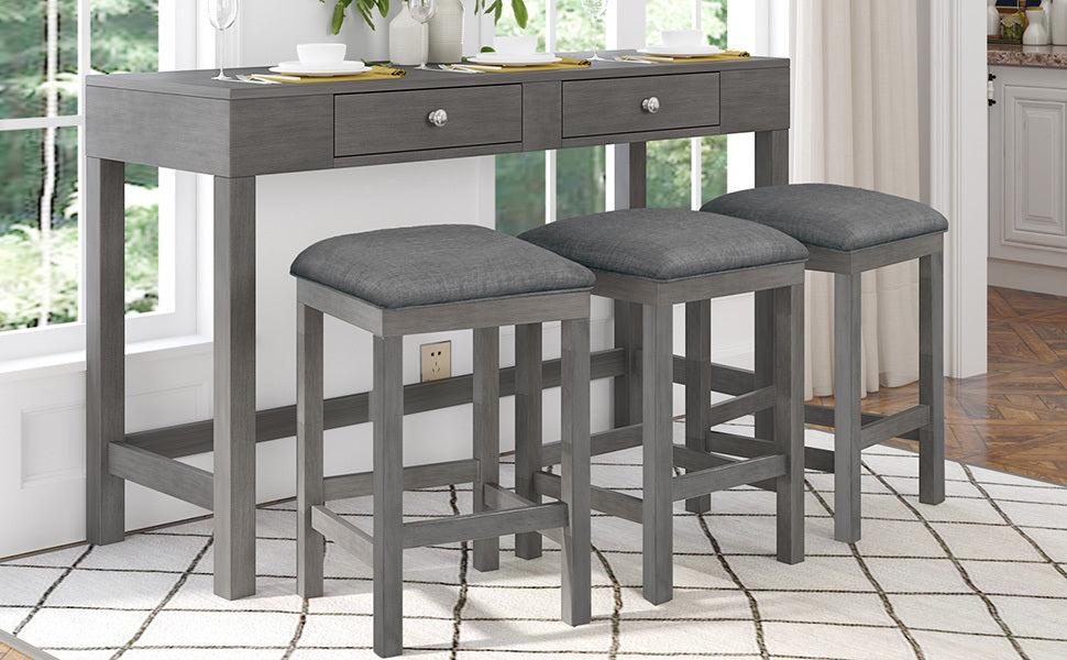 4-Piece Counter Height Table Set with Socket and Fabric Padded Stools, Gray