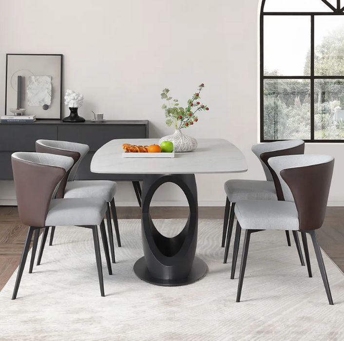 Modern Dining Table, Sintered Stone Tabletop Dining Room Table for 6-7, Solid Black Carbon Steel Base, 63"
