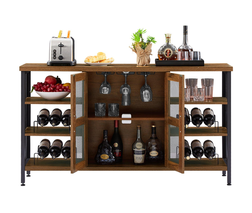 Industrial Wine Bar Cabinet, LiquorStorage Credenza, Sideboard with Wine Racks & Stemware Holder (Hazelnut Brown, 55.12''w x 13.78''d x 30.31' ' h)