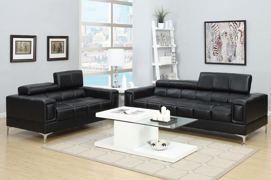 Black Faux Leather Living Room 2pc Sofa set Sofa And Loveseat Furniture Couch Unique Design Metal Legs Adjustable Headrest