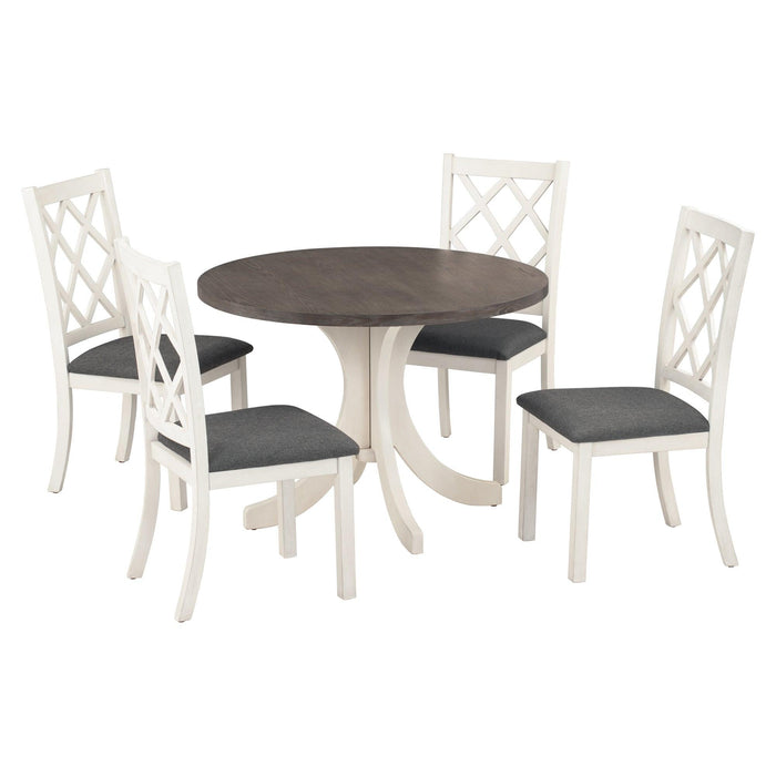 Mid-Century Solid Wood 5-Piece Round Dining Table Set, Kitchen Table Set with Upholstered Chairs for Small Places, Brown Table+Gray Chair