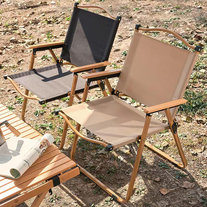 Outdoor folding chair fishing chair Kermit camping beach chair wood grain chair garden chair (color: beige)