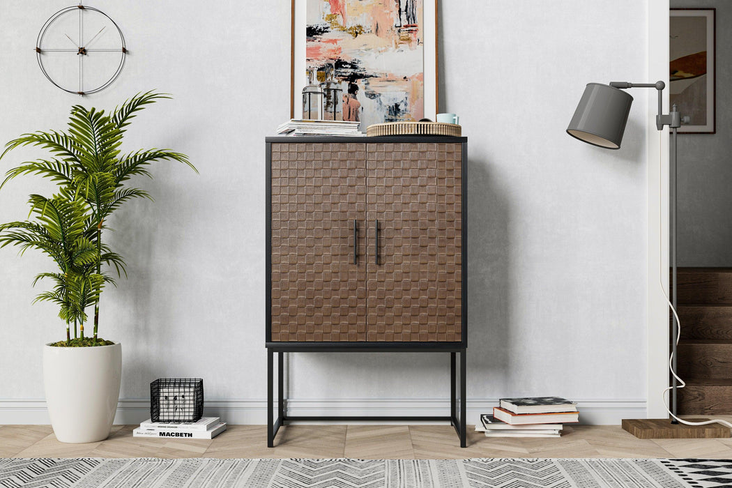 2 door cabinet,Runway-shaped leatherette finish,Embossed texture