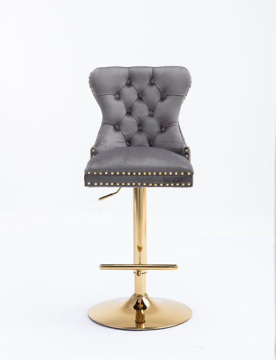 Swivel Bar Stools Chair Set of 2Modern Adjustable Counter Height Bar Stools, Velvet Upholstered Stool with Tufted High Back & Ring Pull for Kitchen , Chrome Golden Base, Grey