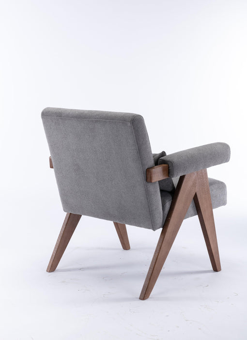 Accent chair, KD rubber wood legs with Walnut finish. Fabric cover the seat. With a cushion.Grey