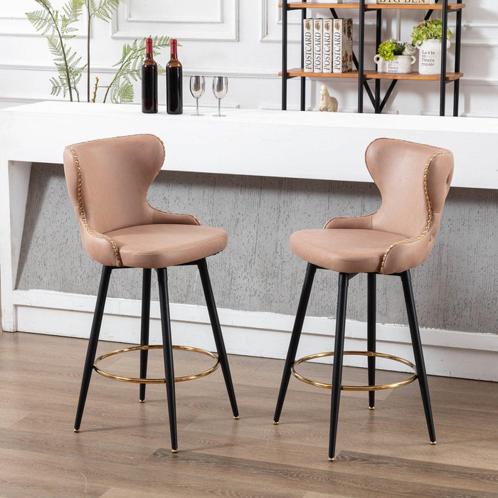 29"Modern Leathaire Fabric bar chairs,180° Swivel Bar Stool Chair for Kitchen,Tufted Gold Nailhead Trim Gold Decoration Bar Stools with Metal Legs,Set of 2 (Khaki)