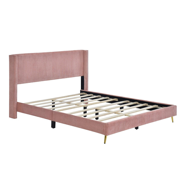 Queen Size Corduroy Platform Bed with Metal Legs, Pink