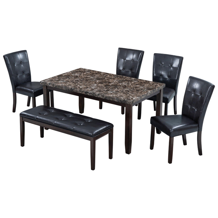 6-piece Faux Marble Dining Table Set  with one Faux Marble Dining Table ,4 Chairs and 1 Bench, Table: 66”x38”x 30”,Chair: 20.2”x28.5”x39”, Black