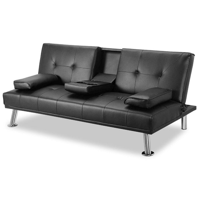 Futon Sofa Bed,Modern Faux Leather Convertible Folding Lounge Sofa for Living Room with 2 Cup Holders Removable Soft Armrests and Sturdy Metal Legs, Charming Black.