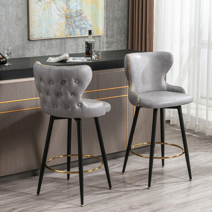 29"Modern Leathaire Fabric bar chairs,180° Swivel Bar Stool Chair for Kitchen,Tufted Gold Nailhead Trim Gold Decoration Bar Stools with Metal Legs,Set of 2 (Light Grey)