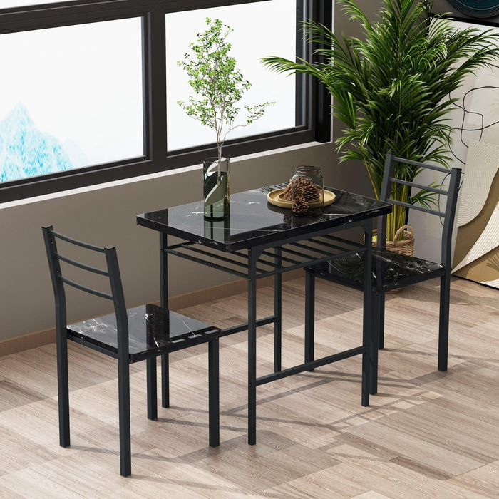 Modern 3-Piece  Dining Table Set with  2 Chairs for Dining Room，Black Frame+Printed Black Marble Finish