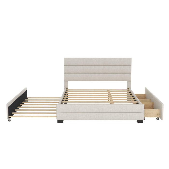 Queen Upholstered Platform Bed with Twin Size Trundle and Two Drawers, Beige