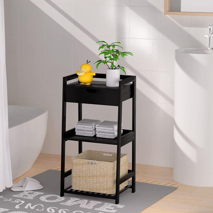 Bathroom Shelves, 3 Tier Ladder Shelf with Drawers, Bamboo Nightstand Open Shelving, Bookshelf Bookcase End Table Plant Stand for Living Room, Bedroom, Bathroom, Kitchen(Black)