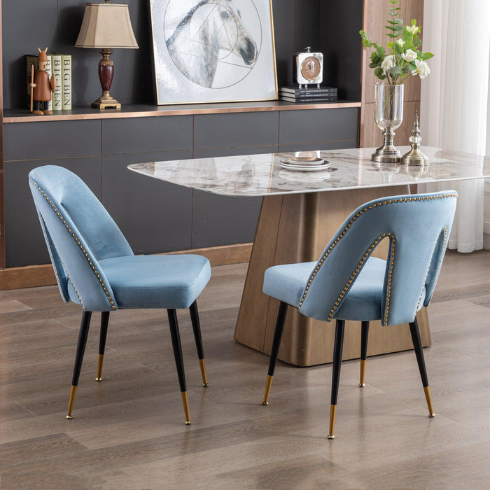 Akoya CollectionModern | Contemporary Velvet Upholstered Dining Chair with Nailheads and Gold Tipped Black Metal Legs, Light Blue，Set of 2