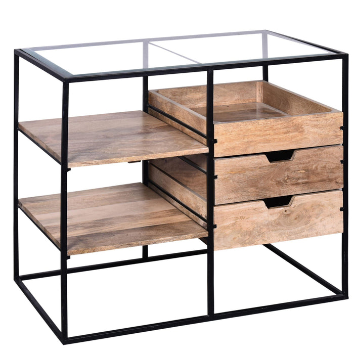 35 Inch HandcraftedModern Glass Table,Storage Shelves, 3 Drawers, Metal Frame, Natural Brown and Black