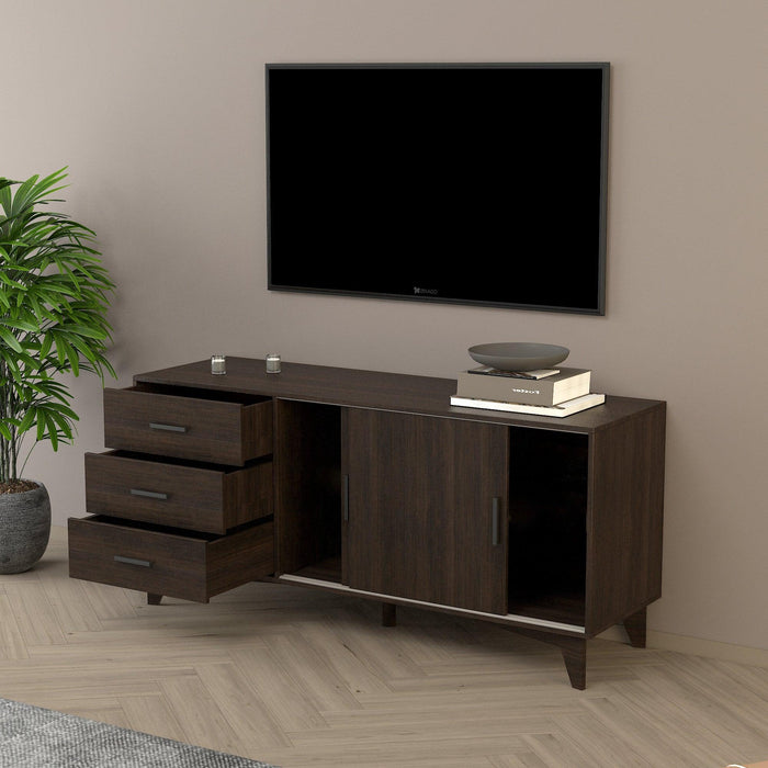 Parker TV Stand with Sliding Doors and Drawers in Dark Brown