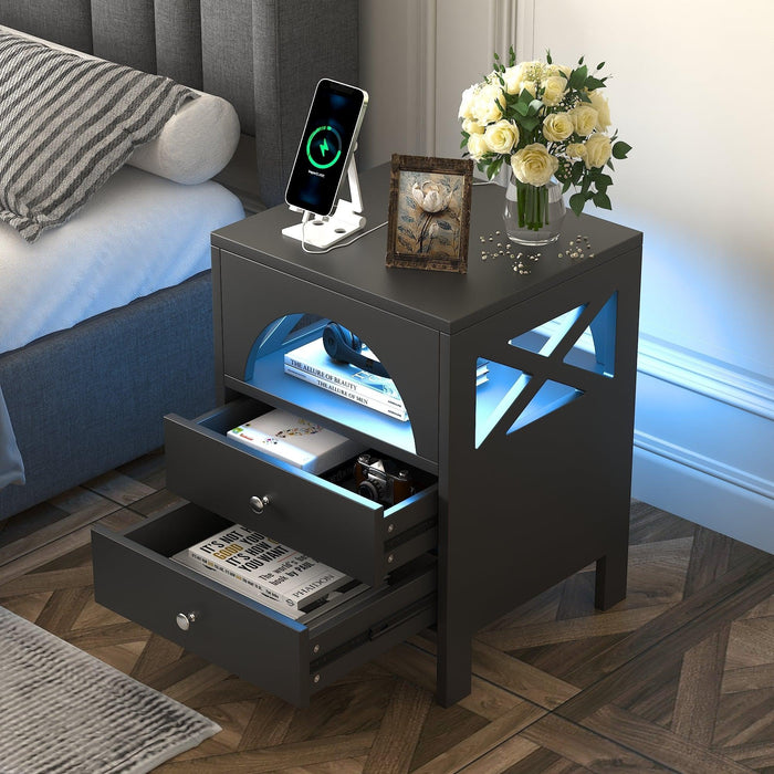 Nightstand with USB Charging Ports and LED Lights,End Table with 2 Drawers and Shelf,Black