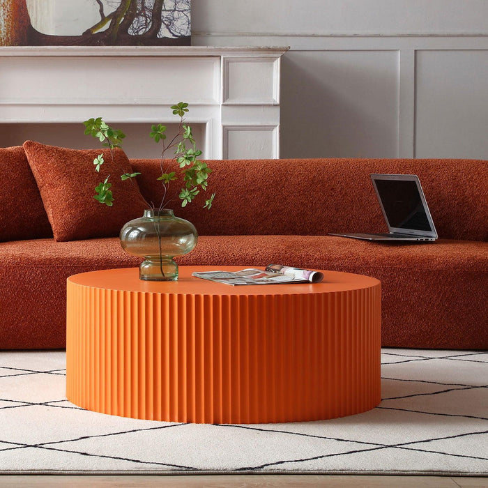 Stylish Round MDF Coffee Table with Handcraft Relief Design φ35.43inch, Bright Orange
