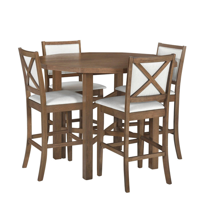 5-Piece Rubber Wood Counter Height Dining Table Set, Irregular Table with 4 High-back Cushioned Chairs for Small Place, Brown