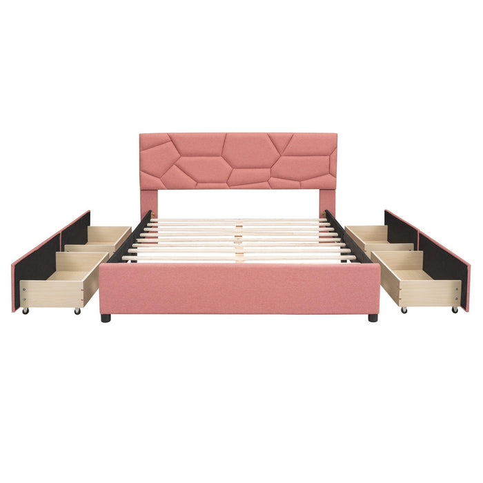 Queen Size Upholstered Platform Bed with Brick Pattern Heardboard and 4 Drawers, Linen Fabric, Pink