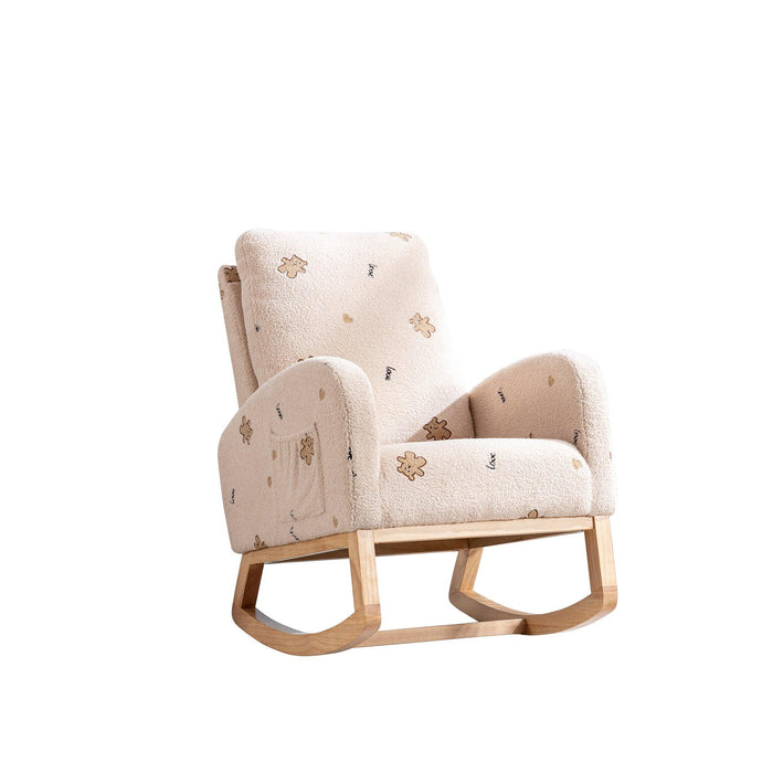 26.8"WModern Rocking Chair for Nursery, Mid Century Accent Rocker Armchair With Side Pocket, Upholstered High Back Wooden Rocking Chair for Living Room Baby Kids Room Bedroom, Beige Boucle