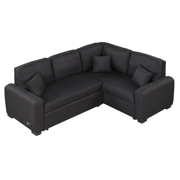 76.7"Sectional Sleeper Sofa with USB Charging Port and Plug Outlet,Pull-Out Sofa Bed with 3 Pillows, L-Shape Chaise for Living Room Small Apartment,Black