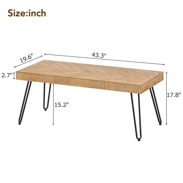 Modern Coffee Table, Easy Assembly Tea Table, Thicken Cocktail Table with w/Chevron Pattern & Metal Hairpin Legs for Living Room, Ash Wood Finished