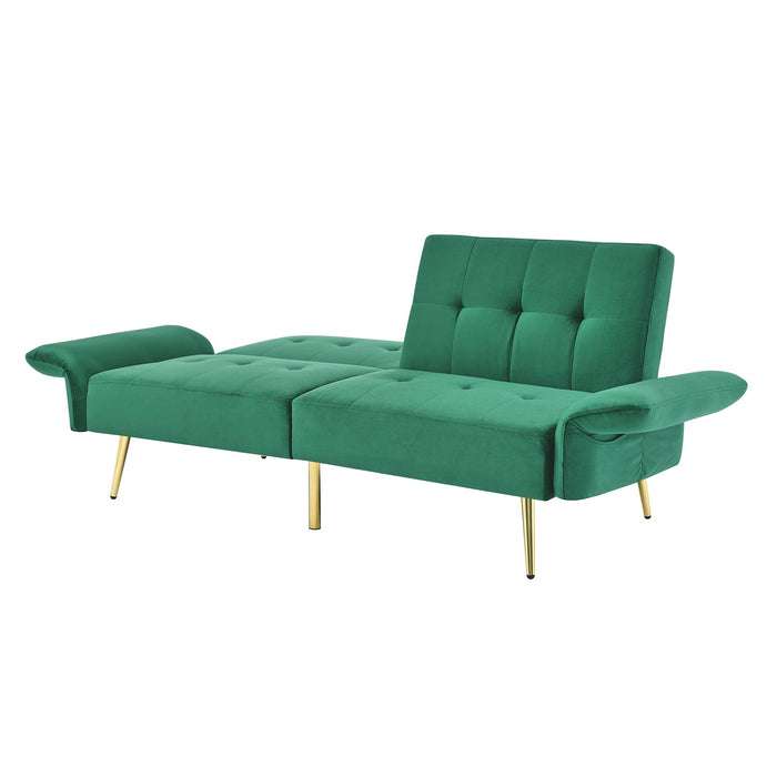 78" Italian Velvet Futon Sofa Bed, Convertible Sleeper Loveseat Couch with Folded Armrests andStorage Bags for Living Room and Small Space, Green 280g velvet