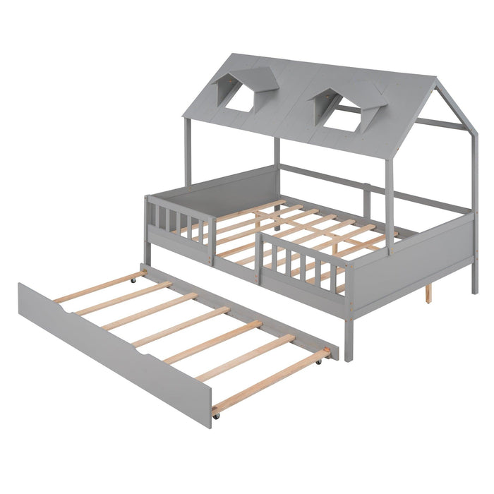 Full Size House Bed Wood Bed with  Twin Size Trundle ( Gray )