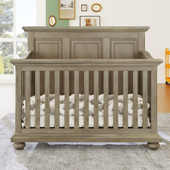 3 Pieces Nursery Sets Traditional Farmhouse Style 4-in-1 Convertible Crib +Dresser with Changing Topper, Stone Gray