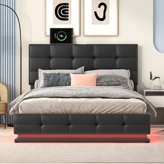 Full Size Tufted Upholstered Platform Bed with HydraulicStorage System,PUStorage Bed with LED Lights and USB charger, Black