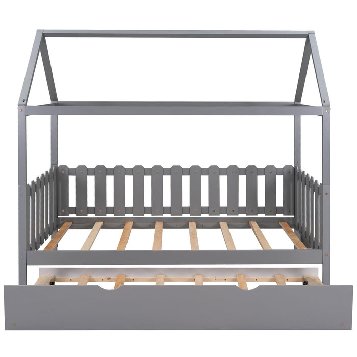 Twin Size House Bed with Trundle, Fence-shaped Guardrail, Gray(New)