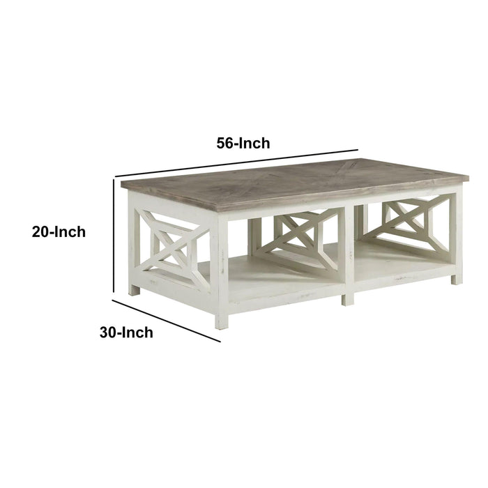 Wooden Rectangle Coffee Table with  X Shape Side Panels, White and Brown
