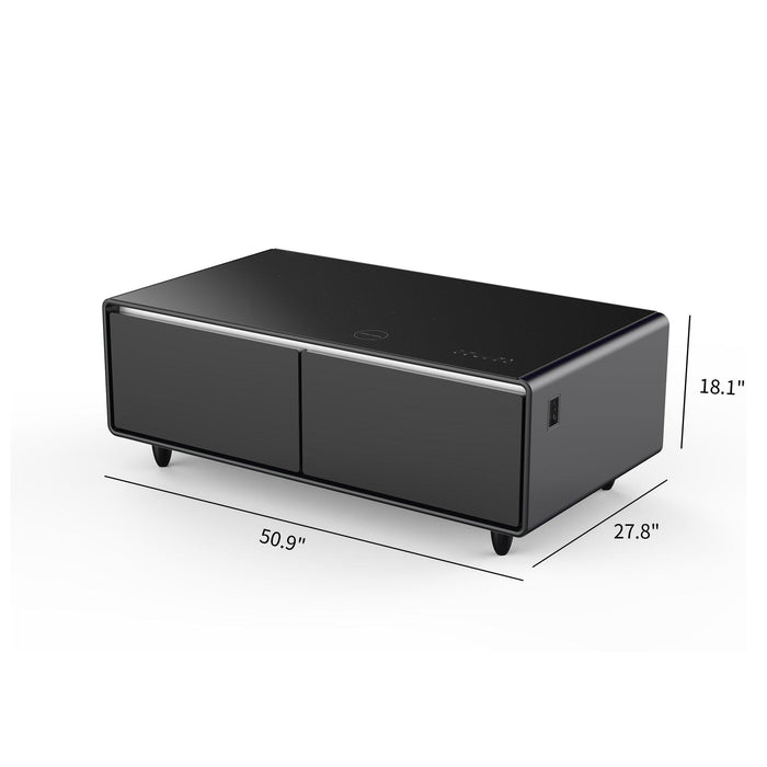 Modern Smart Coffee Table with Built-in Fridge, Bluetooth Speaker, Wireless Charging Module, Touch Control Panel, Power Socket, USB Interface, Outlet Protection, Atmosphere light, and More