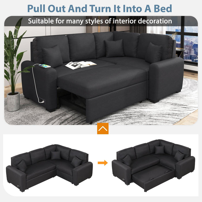 76.7"Sectional Sleeper Sofa with USB Charging Port and Plug Outlet,Pull-Out Sofa Bed with 3 Pillows, L-Shape Chaise for Living Room Small Apartment,Black