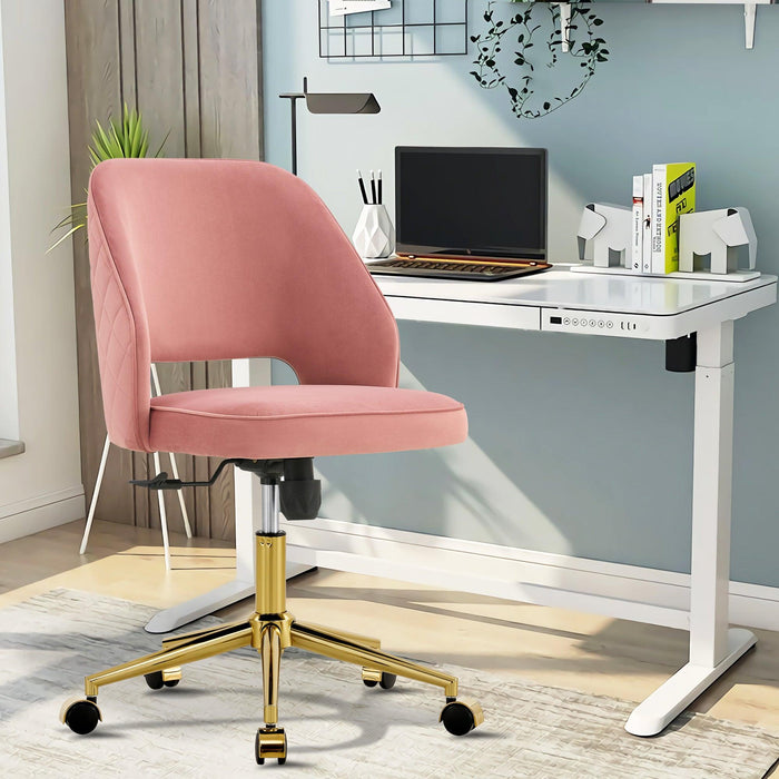 Modern Home Velvet Office Chairs, Adjustable 360 °Swivel Chair Engineering Plastic Armless Swivel Computer Chair With Wheels for Living Room, Bed Room Office Hotel Dining Room .Pink