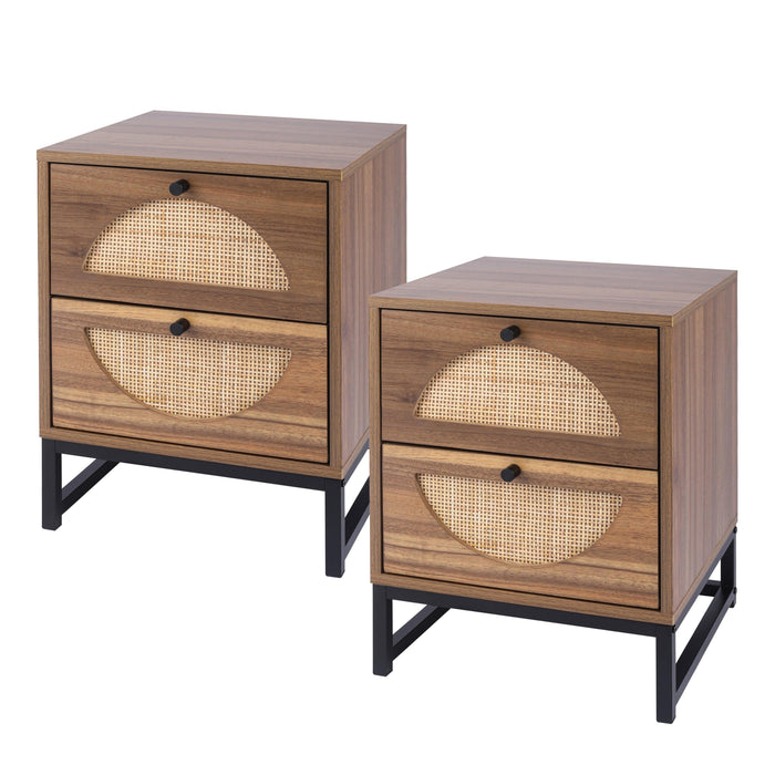 Rattan Nightstand Set of 2, Walnut End Table with 2 Natural Rattan Drawer & Metal Legs