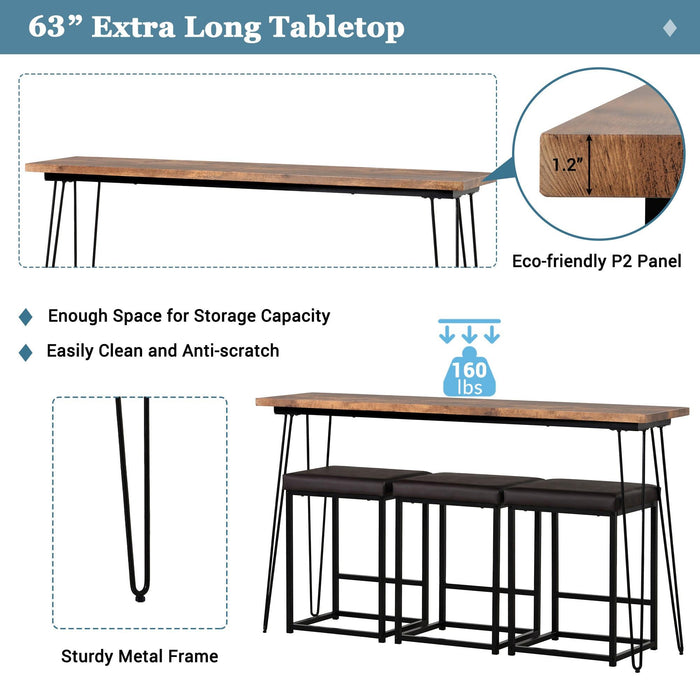 Updated 4 Pieces Counter Height Extra Long Dining Table Set with 3 PU Stools Bar Kitchen Table Set Console Table,Rustic Brown Table+Black Stool