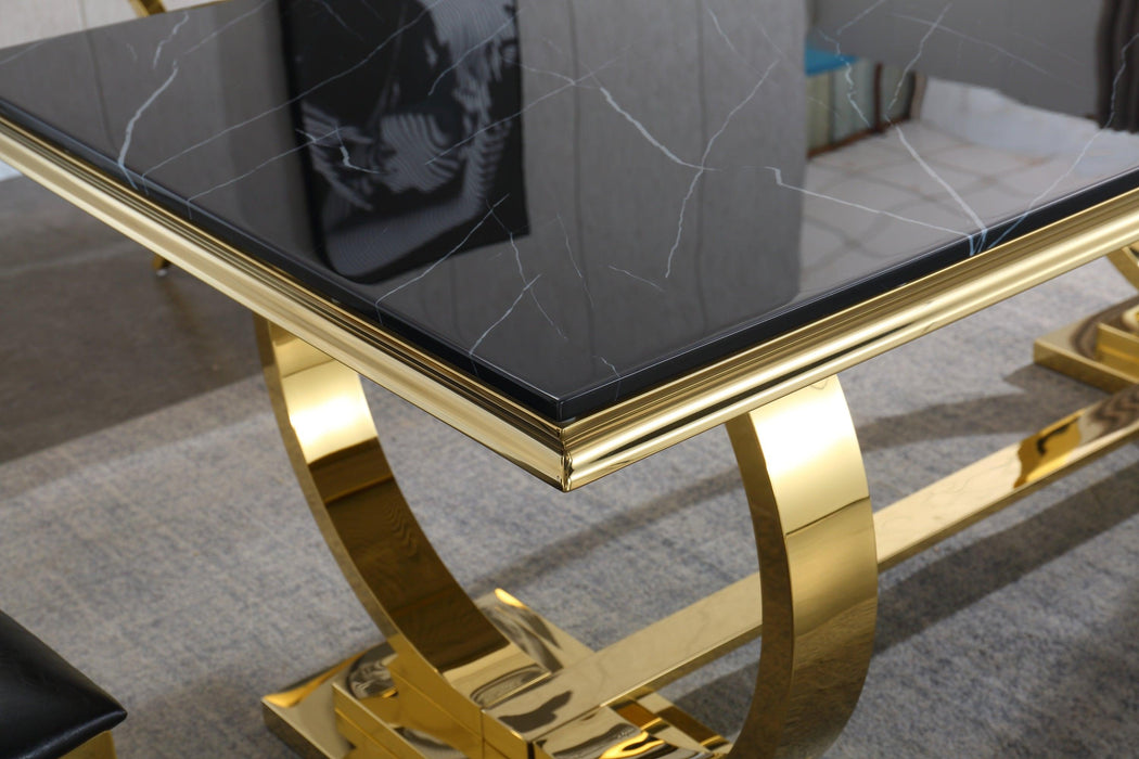 Modern Rectangular Black Marble Dining Table, 0.71" Thick Marble Top, Double U-Shape Stainless Steel Base with Gold Mirrored Finish