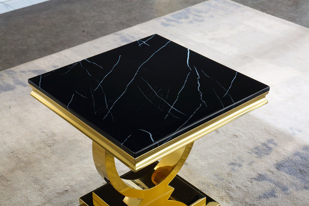 Modern Square Black Marble End Table, 0.71" Thick Marble Top, U-Shape Stainless Steel Base with Gold Mirrored Finish
