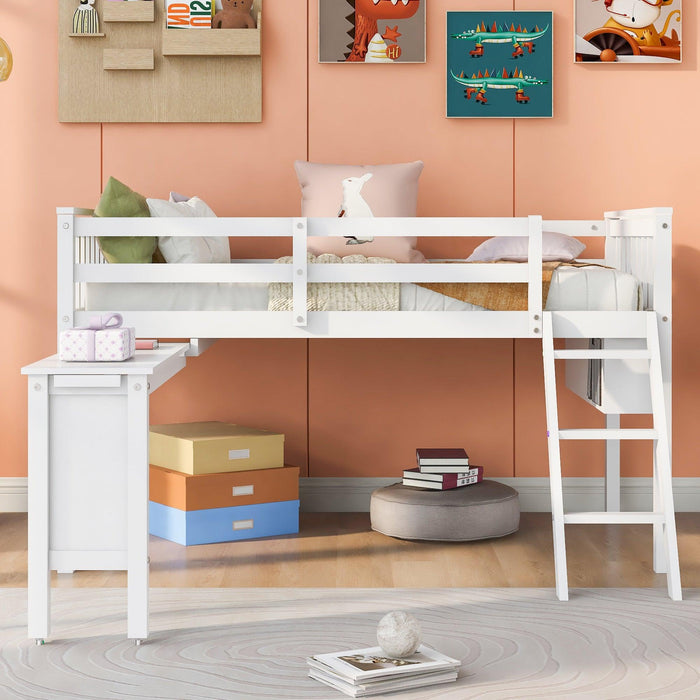Twin Size Loft Bed With Removable Desk and Cabinet, White
