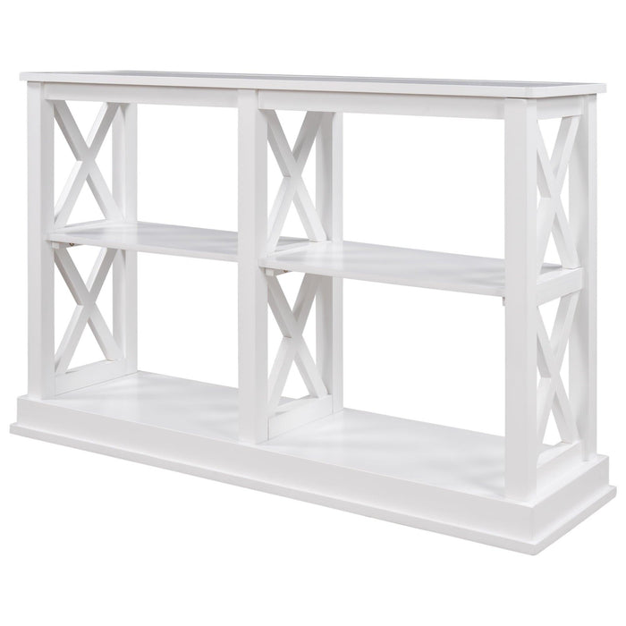 Console Table with 3-Tier OpenStorage Spaces and "X" Legs, Narrow Sofa Entry Table for Living Room (White)