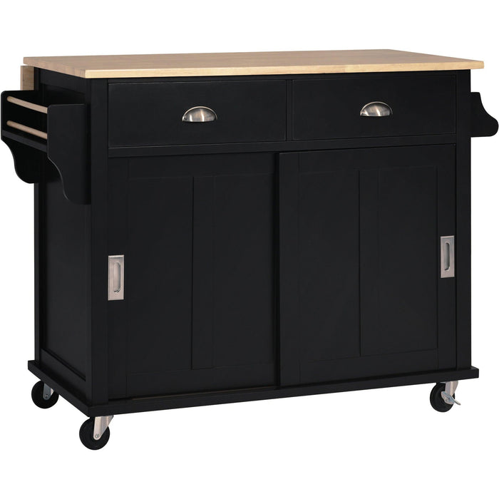 Kitchen Cart with Rubber wood Drop-Leaf Countertop, Concealed sliding barn door adjustable height,Kitchen Island on 4 Wheels withStorage Cabinet and 2 Drawers,L52.2xW30.5xH36.6 inch, Black