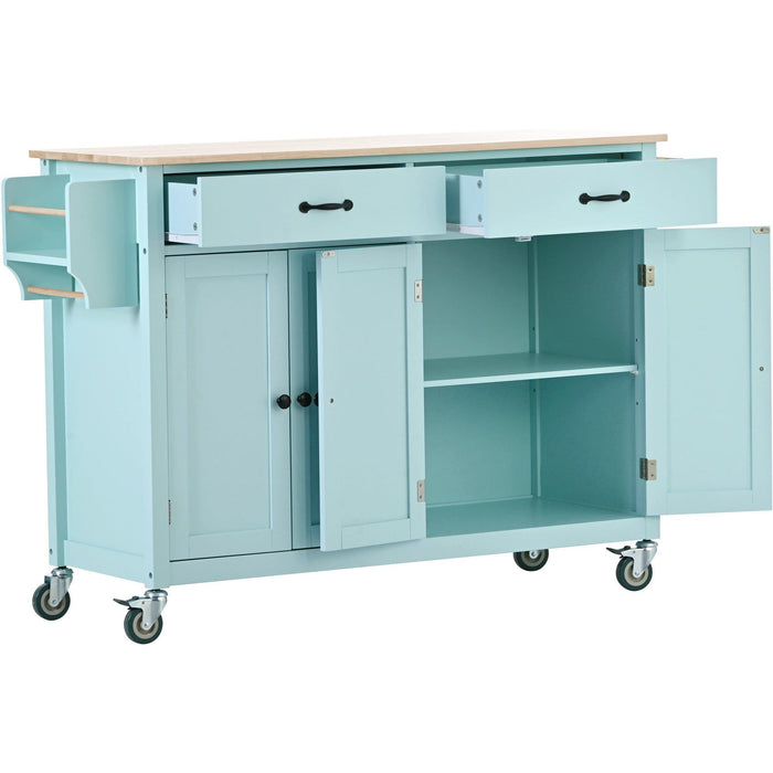 Kitchen Island Cart with 4 Door Cabinet and Two Drawers and 2 Locking Wheels - Solid Wood Top, Adjustable Shelves, Spice & Towel Rack（Mint Green）